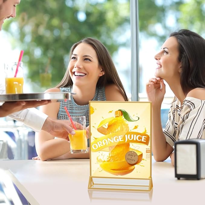 Acrylic Sign Holder 8.5X11 Double Sided Clear Display Stand, Gold Plastic Display Stand for Home Office Shop Restaurant (4pcs)