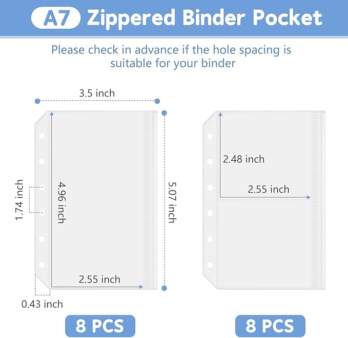 16 Pack Zippered Binder Pocket Sleeves for A7 Binder - Frosted Zipper Pouch Set Photo Card Jewelry Storage Organizer Binder Insert Refill Cash Saving Pages Protector Loose Leaf Bag (6-Hole)