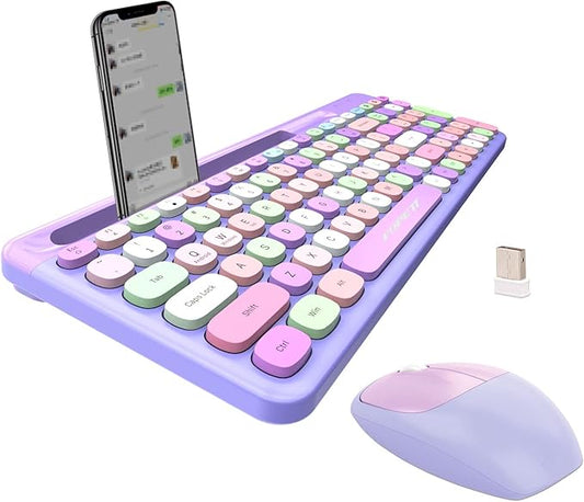 FOPETT Wireless Keyboard and Mouse Combo, 100 Keys Full-Sized 2.4 GHz Round Keycap Colorful Keyboards, USB Receiver Plug and Play, for Windows, Mac, PC, Laptop, Desktop (Purplecolorful)