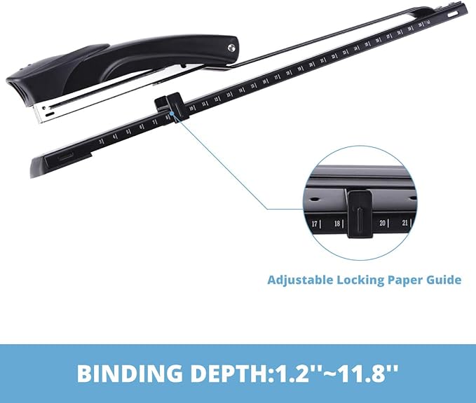 Long Reach Stapler,with 2000 Staples & Stapler Remover Full Strip，20-25 Sheet Capacity,with Built-in Ruler and Adjustable Locking Paper Guide, Black