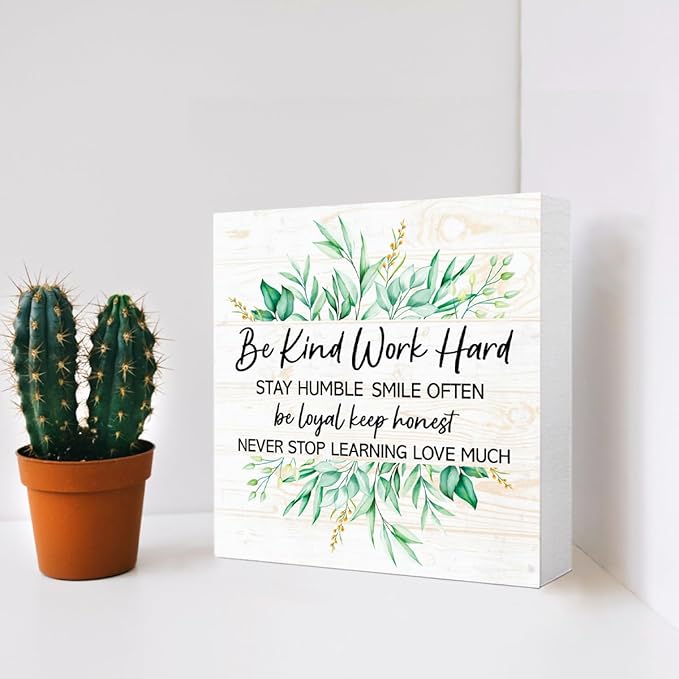 Be Kind Sign Humble and Kind Decorative Signs & Plaques, Motivational Quote Wooden Block Sign for Home Office Tabletop Shelf Decor 5" x 5",Positive Quotes Desk Decor Accessories for Women