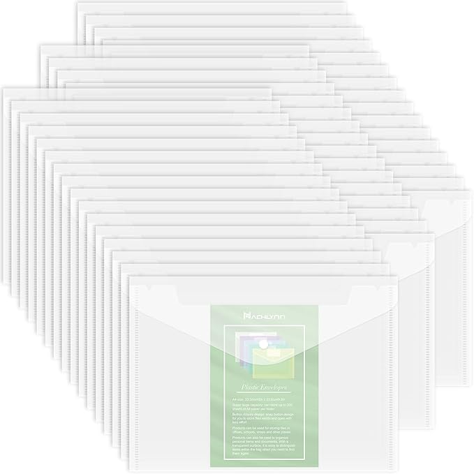 NACHLYNN 48pcs Plastic Envelopes Poly Envelopes with Snap Closure A4 Size Clear Document File Folders Organizers Clear Envelope for School Office Supplies