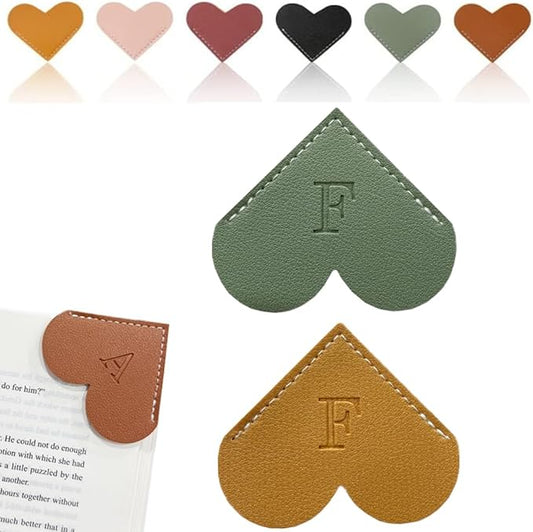 Personalized Leather Heart Bookmark, 26 Letters Customized Corner Book Mark for Reading Women, Book Marker with Initials，Cute Gifts (Green+Light Brown, F)