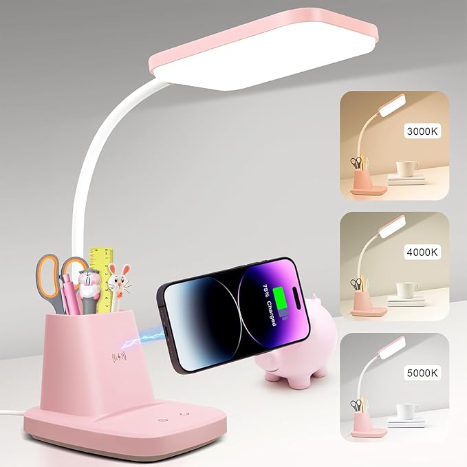 Sailstar Pink Desk Lamp, Small Desk Lamp with Pen Holder, Wireless Charger LED Desk Lamps for Home Office, Kids Desk Lamps 800LM Flexible Arm 3 Modes Dimmable Touch, Study Lamps for College Dorm Room