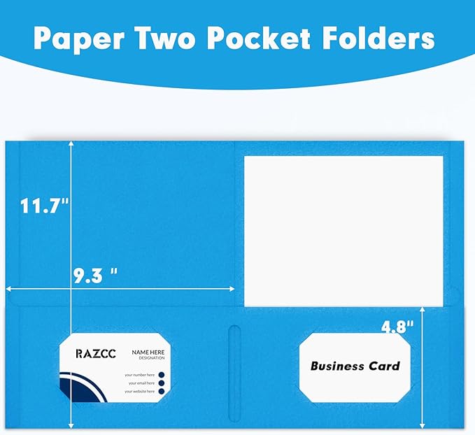 Two Pocket Folders, RAZCC 50 Pack 2 Pocket Folders Fit Letter Size Paper, Paper Folders with Pockets for School Office Business Home, Blue