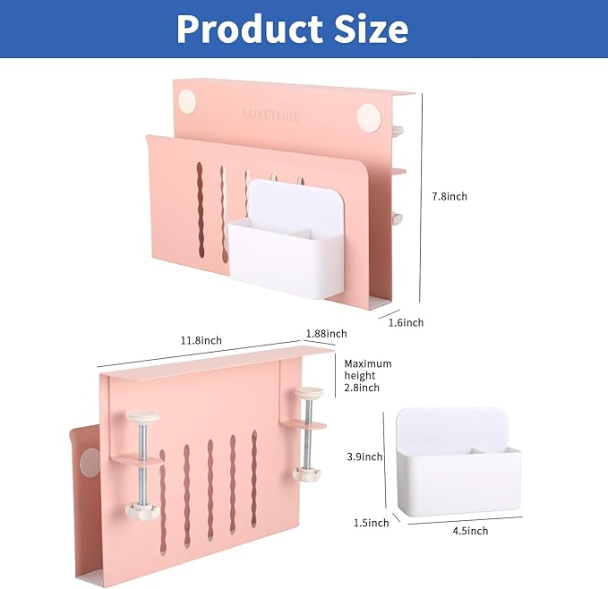 LUKETURE Desk Side Storage, Steel Side Desk Organizer, No Drill Workspace Organizers, Clamp on Computer Desk Accessories, with Magnetic Pen Holder, Fits Flat Edge Tables 0.3" to 2.8"