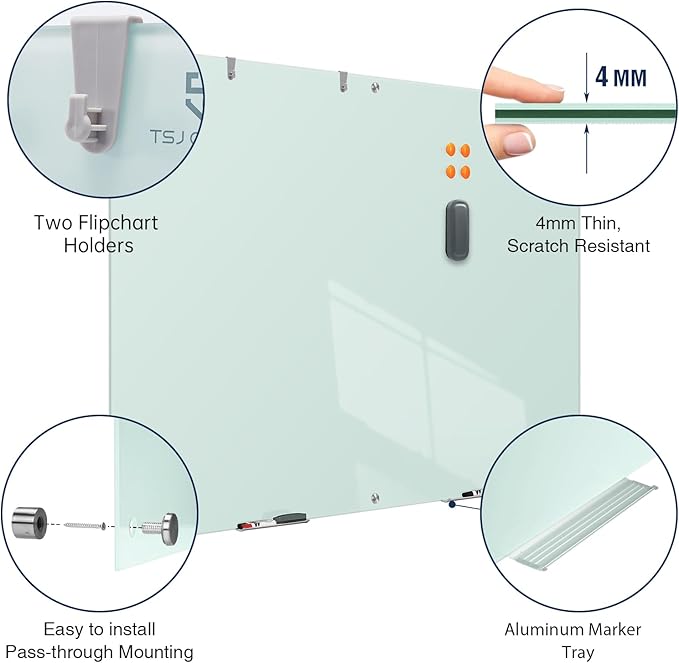 TSJ OFFICE Glass Dry-Erase Board - 72 x 48 Inches (6' X 4') Wall Mounted Glass Magnetic Whiteboard, Extra Large Frameless White Board for Office, Home & School