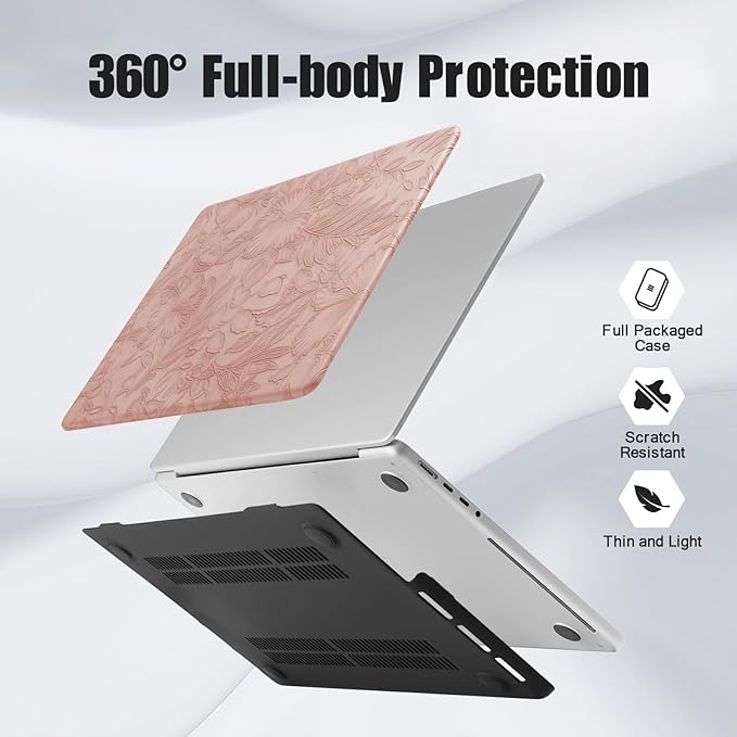 DTangLsm for MacBook Air 13 inch Case 2025 2024-2022 Release M4 A3240 M3 A3113 M2 A2681, Retro Leather Hard Shell Elegant Textured Case for MacBook Air 13.6 inch+Keyboard Cover, Pink Embossed Floral