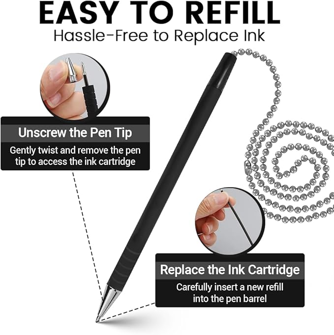 Secure Pen with Adhesive Pen Chain Holder 23-Inch Chain (21 Pieces) | 7 Black Pens with 7 Black & 7 Blue Refills | Counter Pens with Chain & Base | Ideal for Office, Reception & Public Spaces