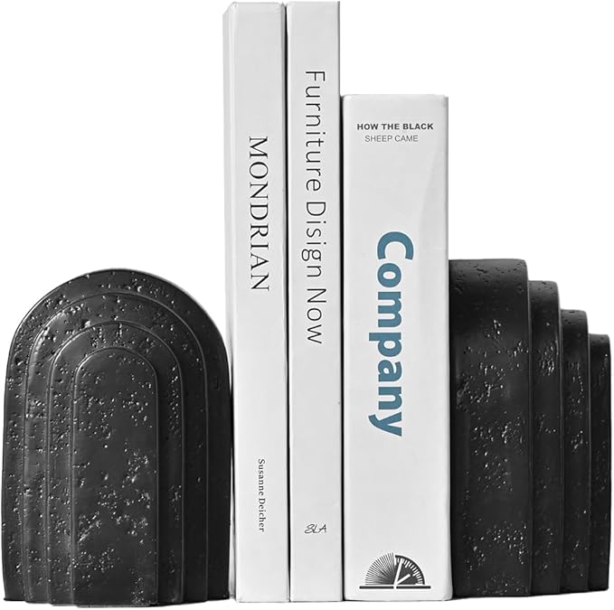 Decorative Bookends for Shelves, Set of 2 Book Ends for Heavy Books, Layered Arch Design Black Bookend