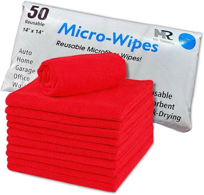 Reusable Microfiber Wipes, 50 Packs, Size 14 inches x 14 inches (Red)