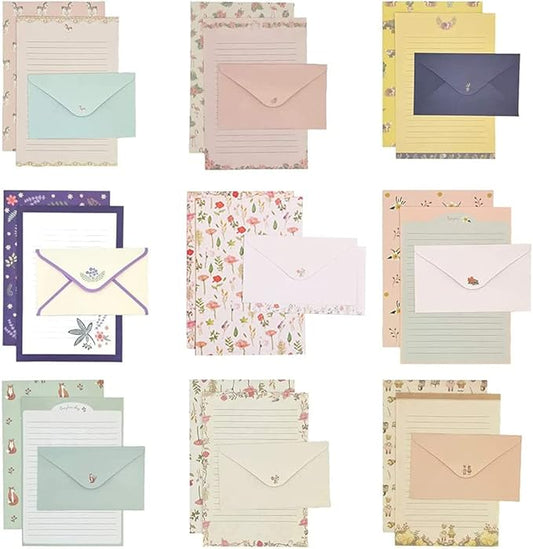 81pcs Stationary Paper and Envelopes Set, Contain 54 stationery paper and 27 envelopes, writing paper stationery set, 9 Different Style