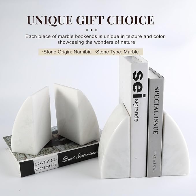 Koville Marble Bookends for Shelves, Large Bookends for Heavy Books, Natural Stone Book Stopper for Books CD Movies, Aesthetic Decorative Book Ends (White)