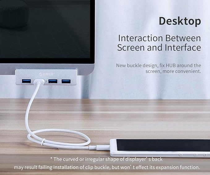 ORICO USB 3.0 Hub Clamp - Aluminum 4-Port USB Splitter With Extra Power Supply Port, 4.92 FT USB A to C Cable, Desktop Powered Hub for Monitors/Desks - Silver