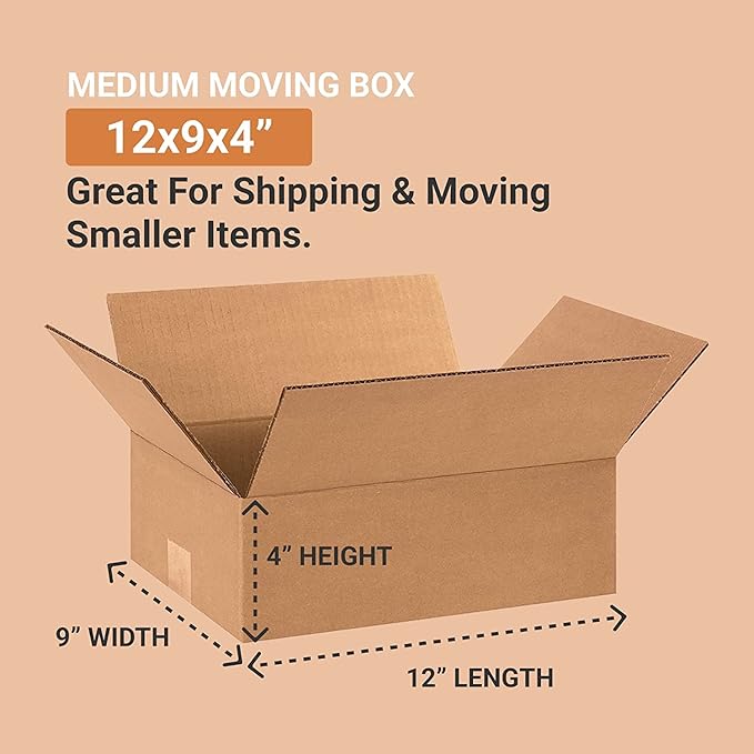 AVIDITI Shipping Boxes 12"L x 9"W x 4"H, 25-Pack | Small to Medium Corrugated Cardboard Box for Shoes, Moving, Mailing, Packing and Storage 12x9x4