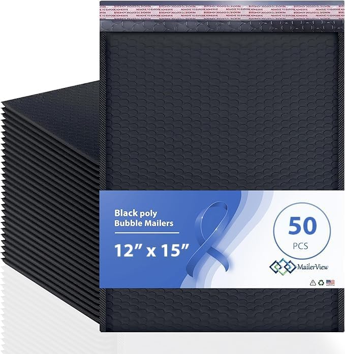 Black Large Poly Bubble Mailers 12x15 inch | Self Seal Padded Envelopes Cushioned Bubble Mailer | Usable Size 12x15 | WaterProof | Lightweight mailing Shipping Bags | 50 Pack Bulk