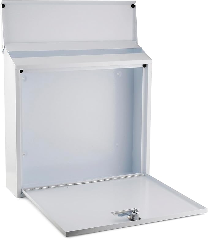 Metal Mailbox Steel office comment Suggestion ballot Box Secure Box With top special Wide Slot for envelopes Wall Mount with pre drilled holes Drop Box for Home and Office 14.3H x 14.6W x 3.75D(White)