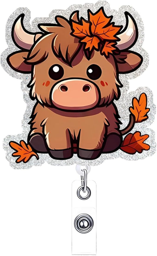 Cow Badge Reel Retractable ID Name Holder Alligator Clip DIY Crafts Halloween Cute Highland Cow Badge Reels Acrylic ID Clip for Nursing Nurse Teacher Student Badge Clip Decor