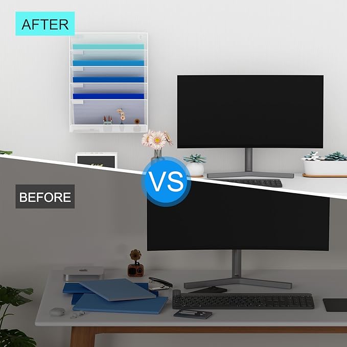 Wall File Organizer Holder Mesh Hanging Paper Document Holder,Vertical 6 Pocket Tier for Office Home, White