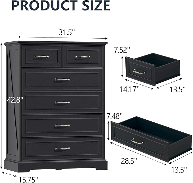 6 Drawer Dresser for Bedroom, 43" Tall Wooden Chest of Drawers, Rustic Farmhouse Dresser with Large Drawers & Metal Handles, Modern Storage Organizer for Closet, Living Room, Hallway, Black