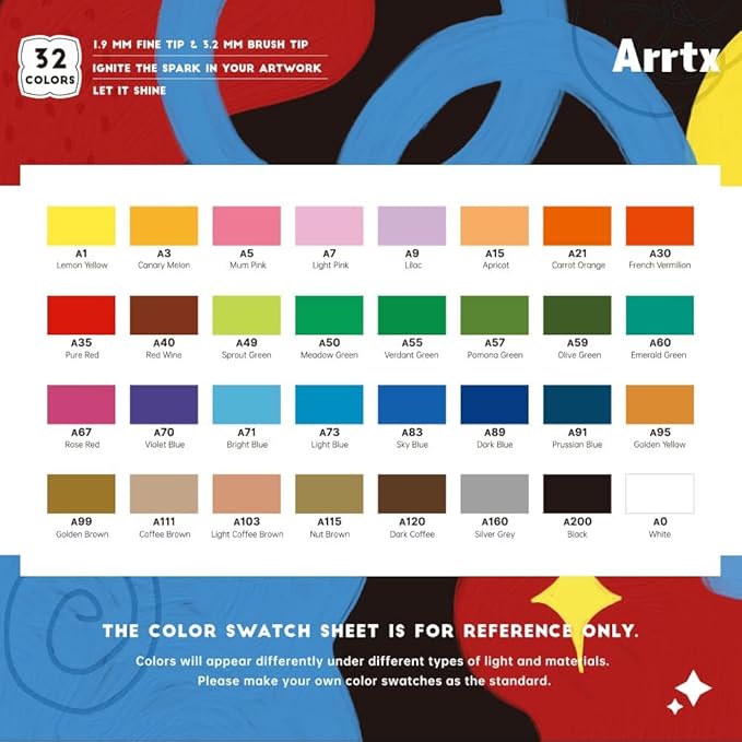 Arrtx Acrylic Paint Pens, 32 Colors Brush Tip and Fine Tip (Dual Tip) Paint Markers for Rock Painting, Water Based Acrylic Painting Supplies for Fabric Painting,Wood, Plastic, Canvas, Easter Egg
