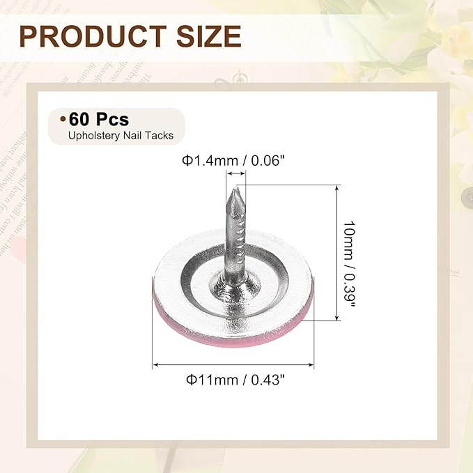 uxcell 60Pcs Upholstery Tacks, 11mmx10mm Flat Head Thumb Tack Decorative Furniture Nails Push Pins for Furniture Sofa Headboards, Pink