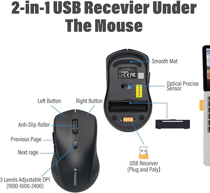 E-YOOSO Wireless Keyboard and Mouse Combo,Silent Soft Touch Quiet Keyboard Less Noise 90%,Ergonomic with Wrist Rest,2.4GHz 104 Keys Full Size,2400 DPI Mouse,for PC Computer/Laptop/Mac/Tablet,Black