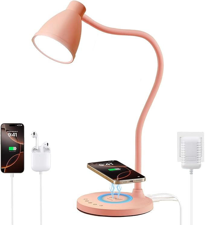 BOHON Cute Desk Lamp with USB C+A Charging Ports, Wireless Charger Pink Lamp, 5 Colors Stepless Dimming Reading Light, Touch Bedside Table Lamp, LED Desk Light for Home Office College Dorm Room Pink