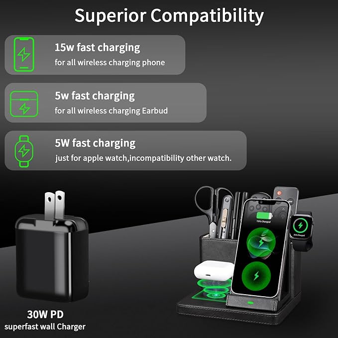 Desk Organizer with Phone Charger,Nightstand Desktop Organizer,Office Supplies Desk Accessories,Pen Holder Remote Control Holder,Black Leather Organizer With Charging Station (black)