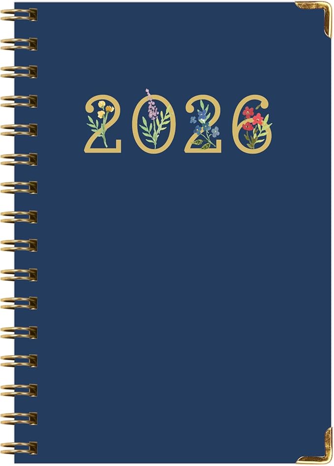 HARDCOVER 2026 Planner, 5.5"x8": 14 Months (November 2025 - December 2026), Daily Weekly Monthly Planner, Yearly Agenda, Bookmark, Pocket Folder and Sticky Note Set (Navy Gold Numbers)