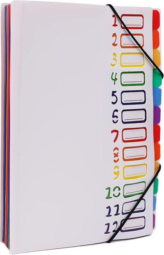 Rainbow Tab Expanding File Folder - 24 Pockets, Durable A4 Letter Size Organizer, Water-Resistant Plastic Dividers, Home/Office/School Document Holder (White）