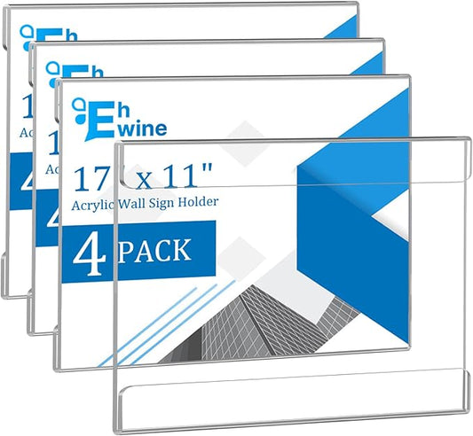 EHWINE 4 Pack 11x17 Wall Mount Acrylic Sign Holder,Horizontal Wall Signs Photo Menu Flyer Display Holders, Plastic Clear Acrylic Frames for Office Home Hotel Business Store (with Adhesive Tape)