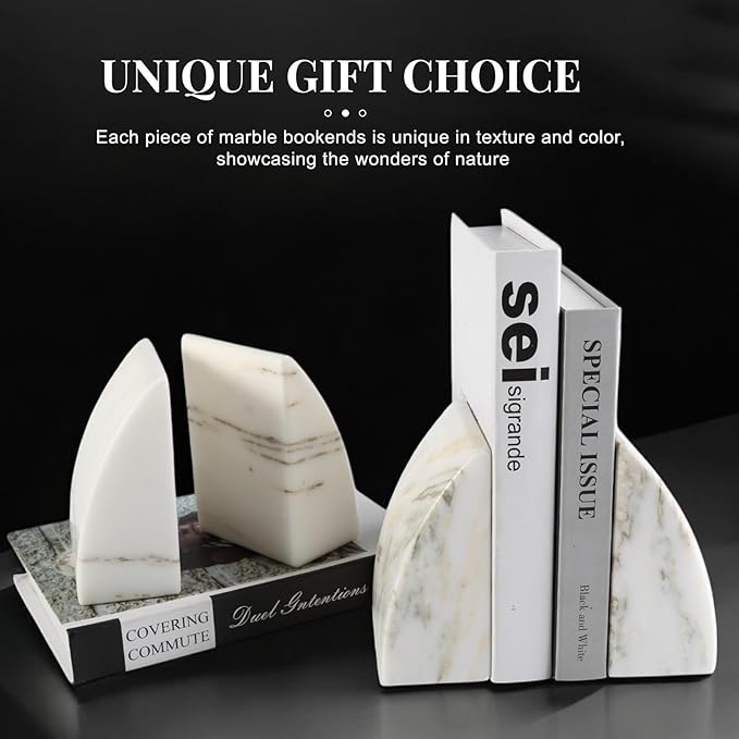 Koville Marble Bookends for Shelves, Large Bookends for Heavy Books, Natural Stone Book Stopper for Books CD Movies, Aesthetic Decorative Book Ends (Oriental Calacatta)