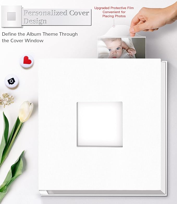 Photo Album Self Adhesive Scrapbook Album for 3x5 4x6 5x7 8x10 Pictures,60 Pages Linen Cover with Display Window DIY Photo Book,Ideal Gifts for Family Travel Wedding Baby