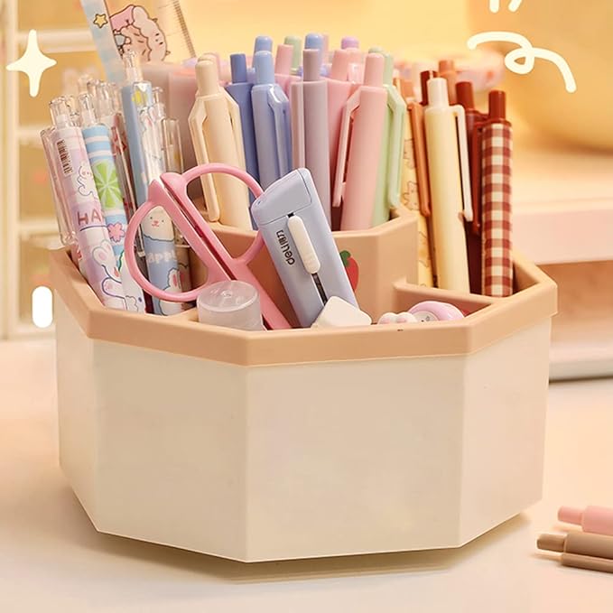 Desk Organizer, 360-Degree Rotating Multi-Functional Pen Holder, 5 Compartments Desktop Stationary Organizer, Home Office Art Supply Storage Box Caddy (White+Pink)