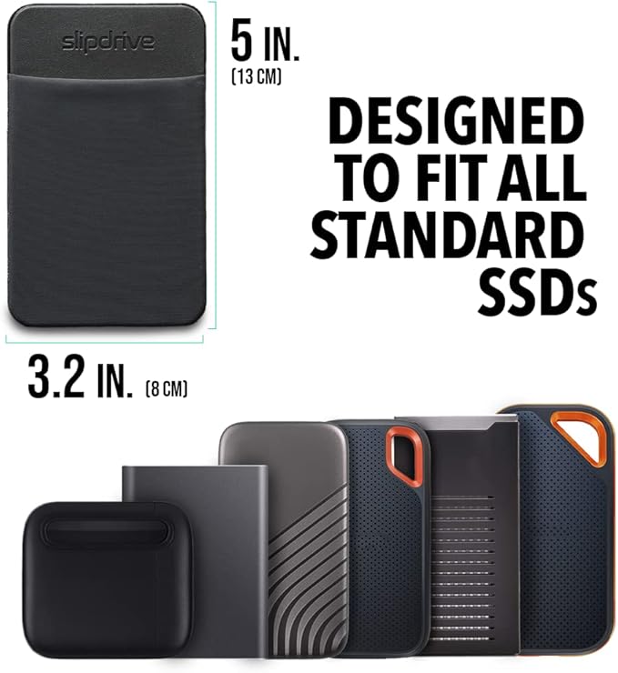 Slipdrive - Portable Hard Drive Sleeve for Laptop - SSD Solid State Drive - Reusable Adhesive - Stick on External Hard Drive Carrying Case - Pocket Pouch (Small, Black)
