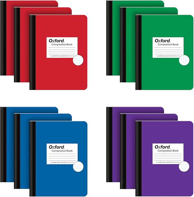 Oxford Composition Notebook 12 Pack, School Supplies, Notebooks for School, 4 x 4 Graph Ruled Paper, 7.5 x 9.75 Inches, 80 Sheets, Assorted Color Covers: Green, Purple, Red, Blue (63718)