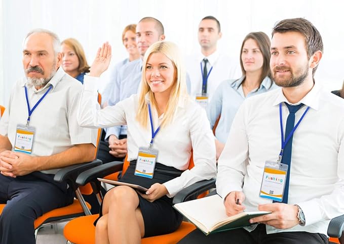 Fushing 50pcs Clear Plastic Vertical Name Tags Badge ID Card Holders and Blue Neck Lanyards with Swivel Hook for School, Festival, Event (M)