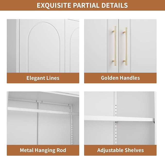 Metal Wardrobe Cabinet for Hanging Clothes, 71" Tall Armoire Wardrobe Closet with Hanging Rod, White Clothing Storage Cabinet with Doors and Shelves, Large Closet for Bedroom-Assemble Required