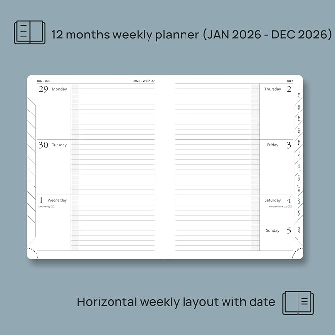 POPRUN 2026 Weekly & Monthly Planner Calendar, 6.75" x 8.75" Medium, Horizontal Layout with Lined Sections, Jan. 2026 - Dec. 2026, Leather Hardcover, 100GSM Paper, Inner Pocket - Lavender