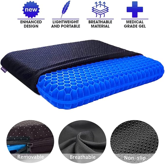Gel Seat Cushion, Extra Large Breathable Honeycomb Gel Cushion, Absorbs Pressure Points Seat Cushion with Non-Slip Cover for Office Chair Home Cars Wheelchair (Extra Thick, Blue)