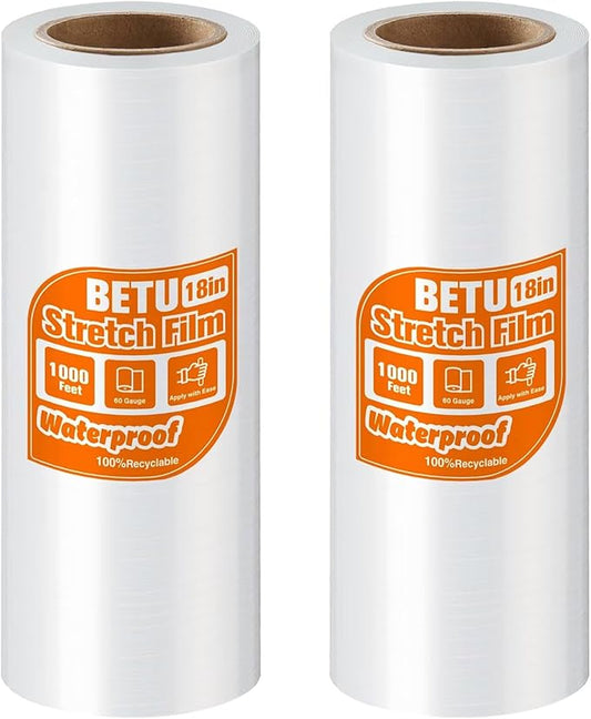 BETU Plastic Wrap Stretch Film for Moving Supplies 18inch X 1000ft, Shrink Wrap Stretch Roll Industrial for Furniture Wrapping Shipping Pallet Moving Boxes Storage with Handles, 2 Pack, Clear