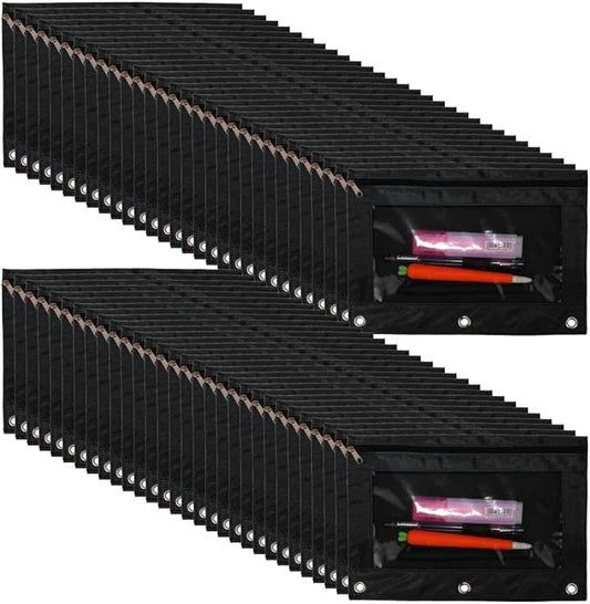 YoeeJob 60 Pack Zipper Pencil Pouch for 3 Ring Binder with Clear Window for School and Office Supplies (Black)