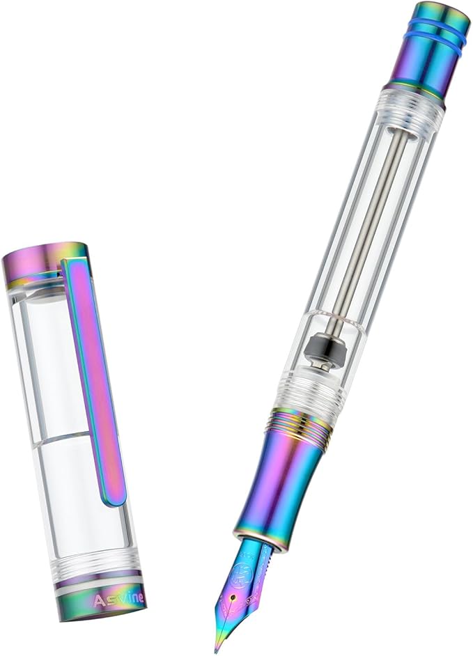 Asvine V200 Titanium Fountain Pen Vacuum Filling, Rainbow Bock Fine Nib Transparent Acrylic Smooth Writing Pen Case Set
