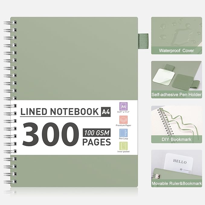 AHGXG Spiral Notebook College Ruled - Large Spiral Journal A4 Notebook 8.5" x 11", 300 Pages Writing Journal for Work, 100GSM Thick Paper, Plastic Hardcover, for Women Men Office School, Sage Green
