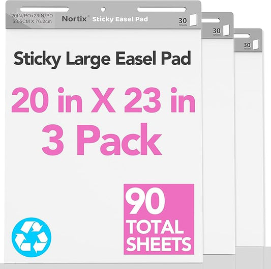 Nortix Flip Chart Paper, Sticky Easel Pads, Chart Paper for Teachers,Super Adhesive & Bleed-Resistant, Large Self-Stick Easel Paper for Classroom/Office, 20 x 23 inch, 30 Sheets/Pad, 3 Pads