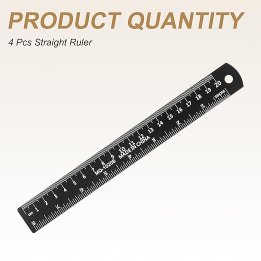 HARFINGTON 4pcs Metal Straight Ruler 20cm Metric SAE Aluminum Alloy Measuring Rulers Scale Tool with Hole for Measure Study Reading Classroom Office, Black