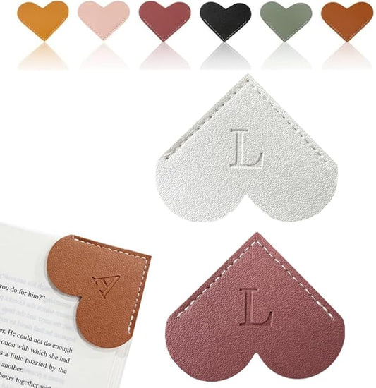 Personalized Leather Heart Bookmark, 26 Letters Customized Corner Book Mark for Reading Women, Book Marker with Initials，Cute Gifts (White+Deep Pink, L)