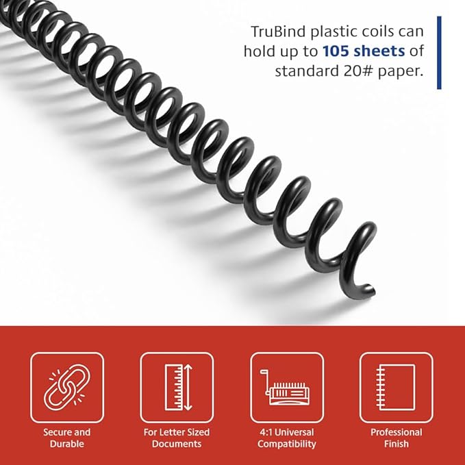 TruBind 13mm (1/2 in.) Spiral Binding Coils for Reports, Presentations and Proposals | 4:1 Pitch | 12 in. Length | Black | 105 Sheets Binding Capacity | 100 Pack
