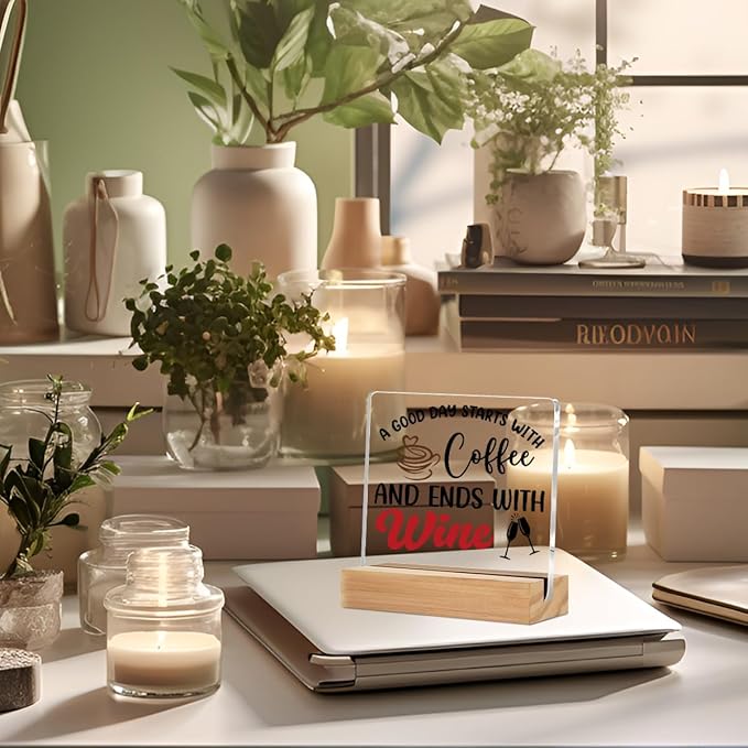 Coffee Bar Decor Wine Decor Acrylic Sign with Wood Stand, Coffee Lover Gifts Coffee Decor Coffee Shop Wine Bar Desk Cubicle Coffee Table Decor, Wine Gifts Coffee Gifts for Coffee Lovers Coffee Sign
